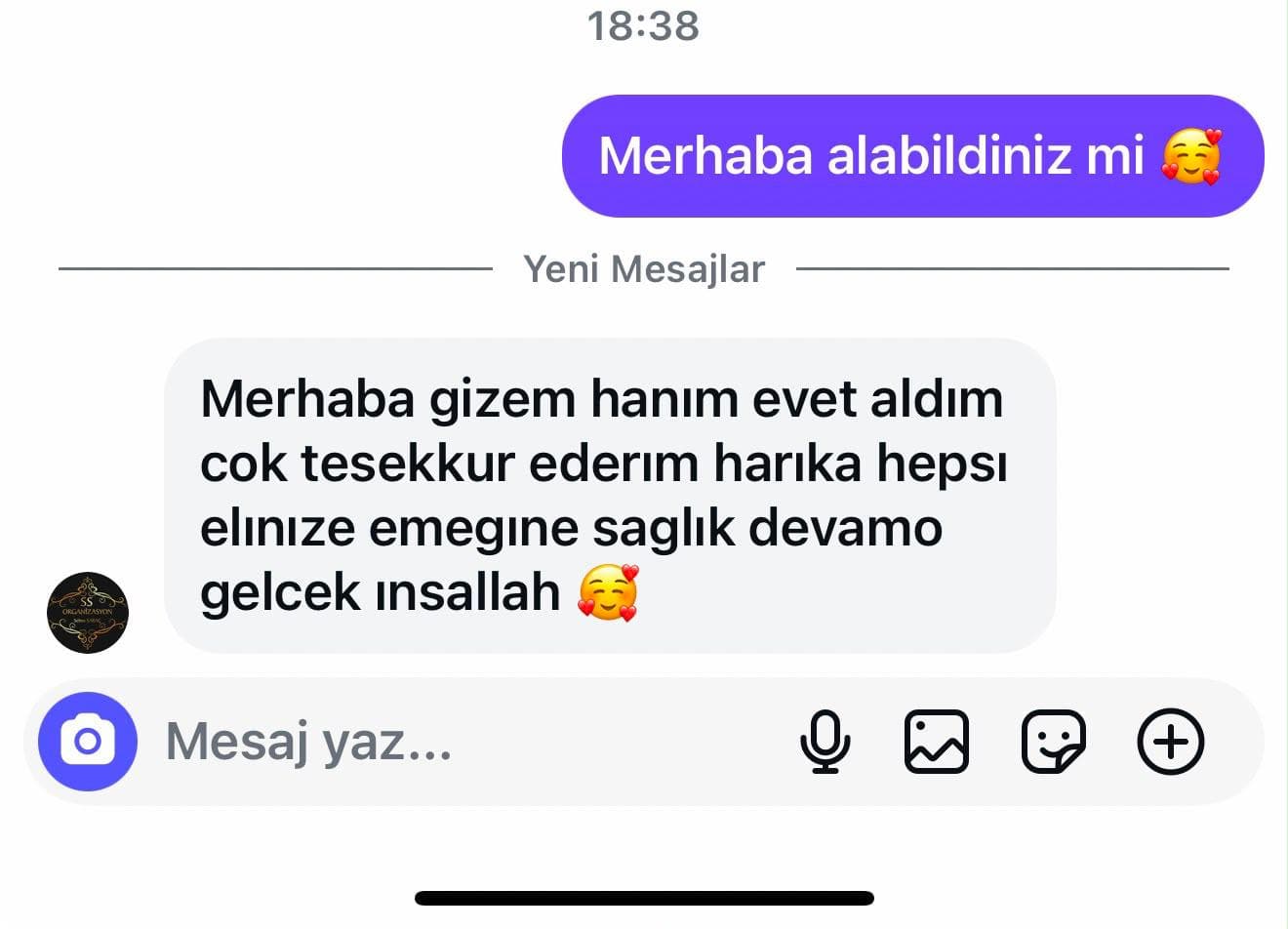 Müşteriden gelen mesajın ekran görüntüsü